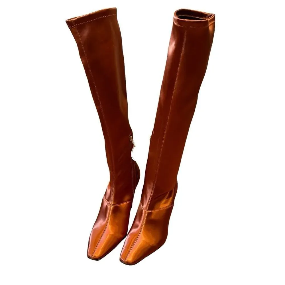 ZIMMERMANN Silk Copper Satin Stretch Sock Knee Boots - Chain-trim not included
